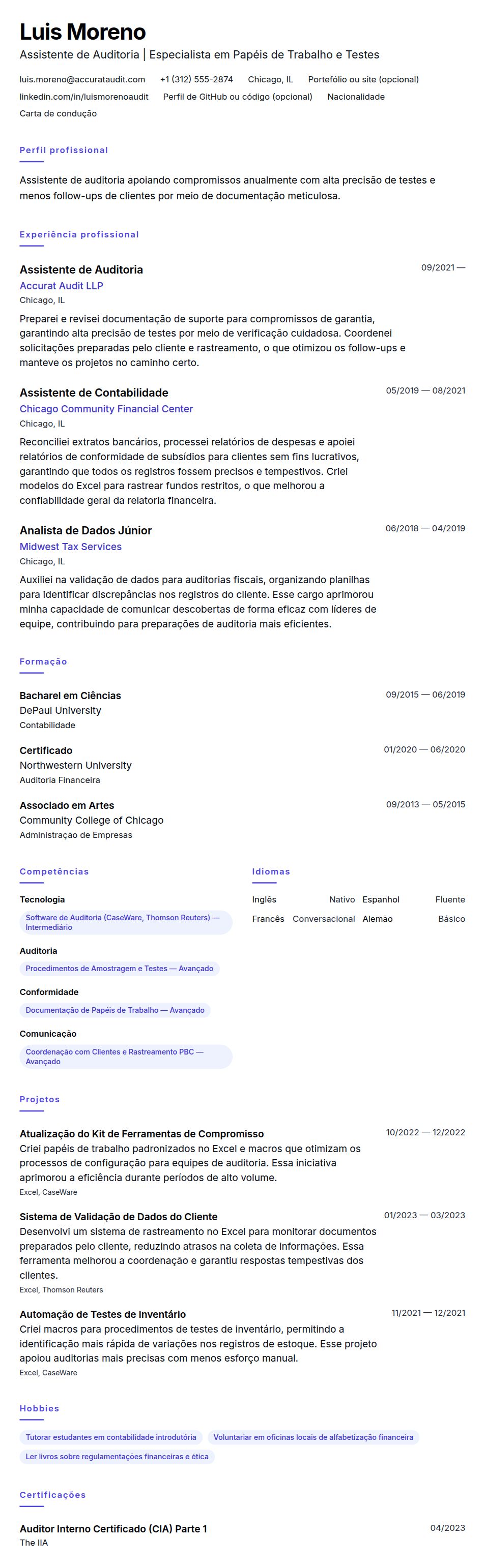 Pré-visualização do currículo Exemplo de Currículo para Assistente de Auditoria