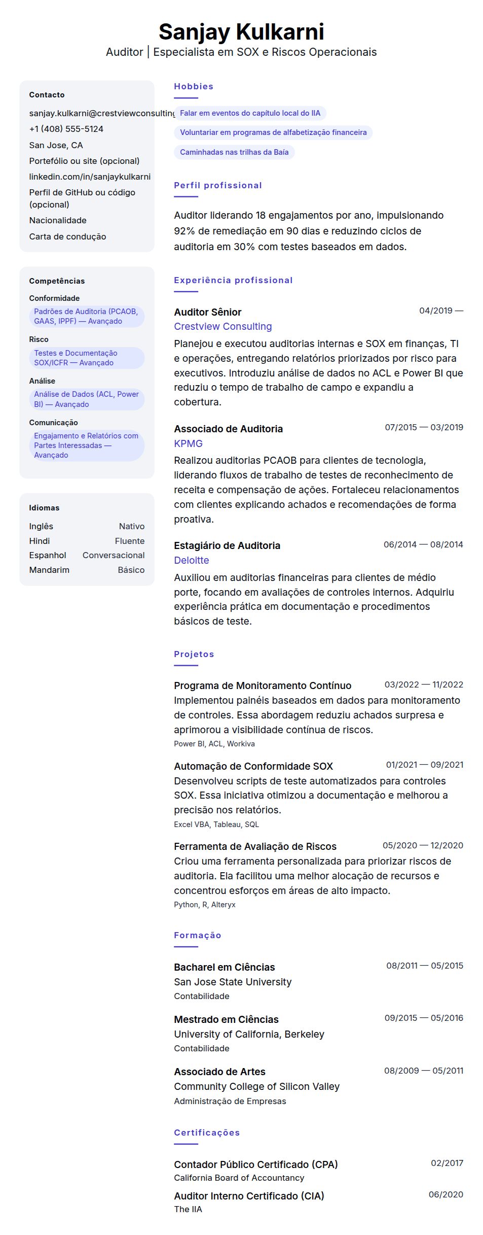 Pré-visualização do currículo Exemplo de Currículo de Auditor
