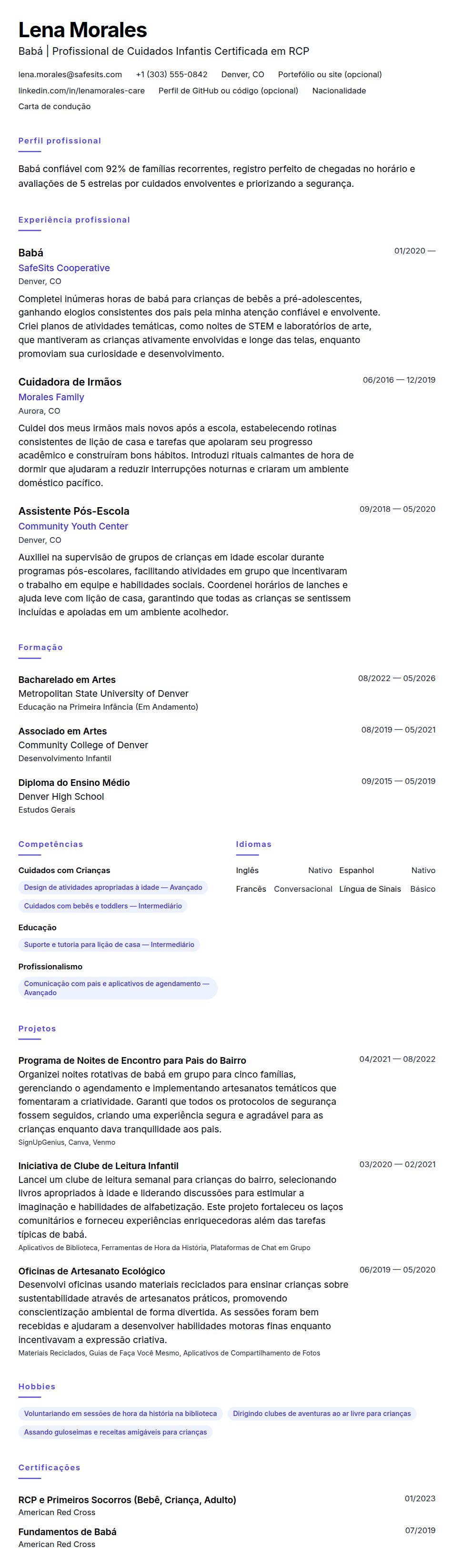 Pré-visualização do currículo Exemplo de Currículo de Babá