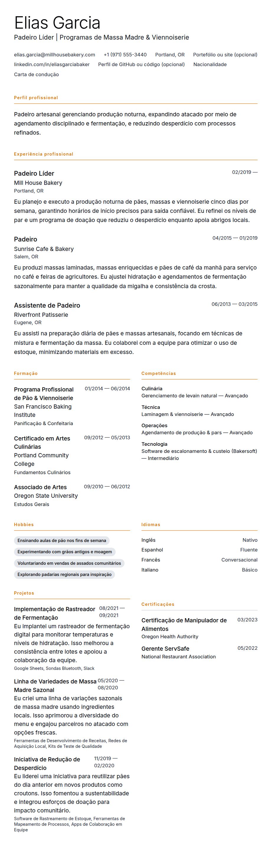 Pré-visualização do currículo Exemplo de Currículo de Padeiro