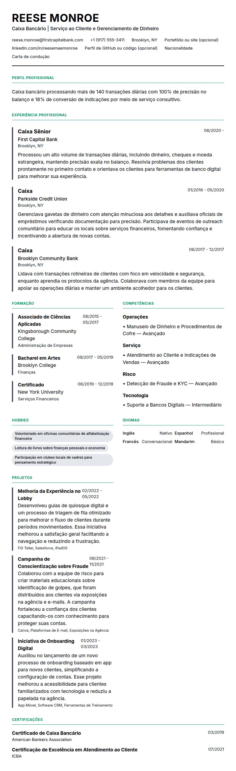Pré-visualização do currículo Exemplo de Currículo de Caixa Bancário