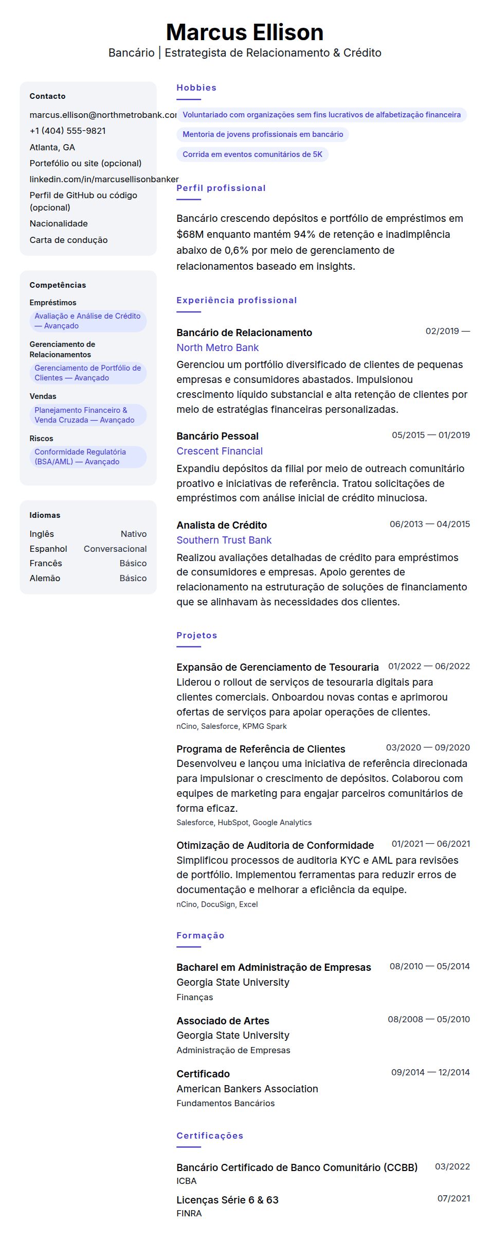 Exemplo de Currículo de Bancário