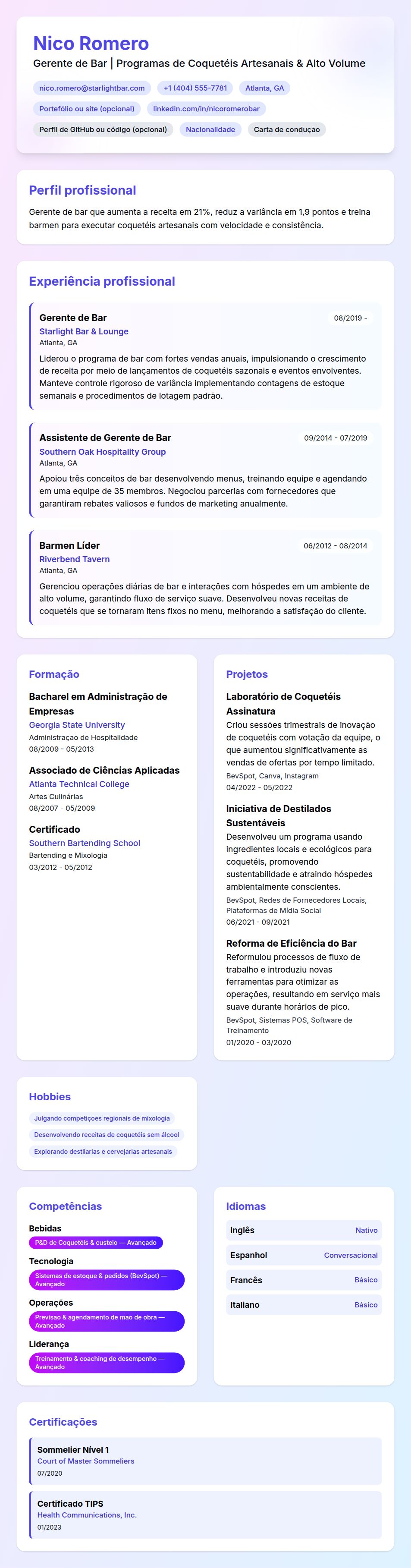 Exemplo de Currículo de Gerente de Bar