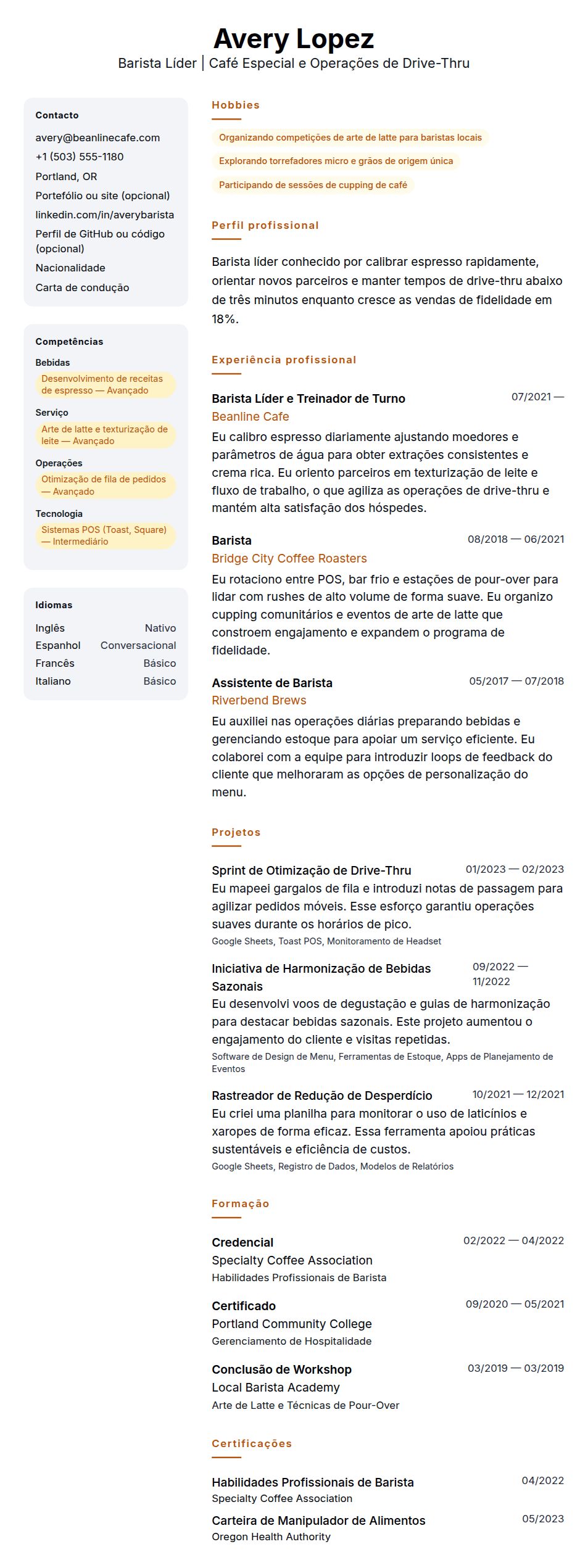 Exemplo de Currículo de Barista