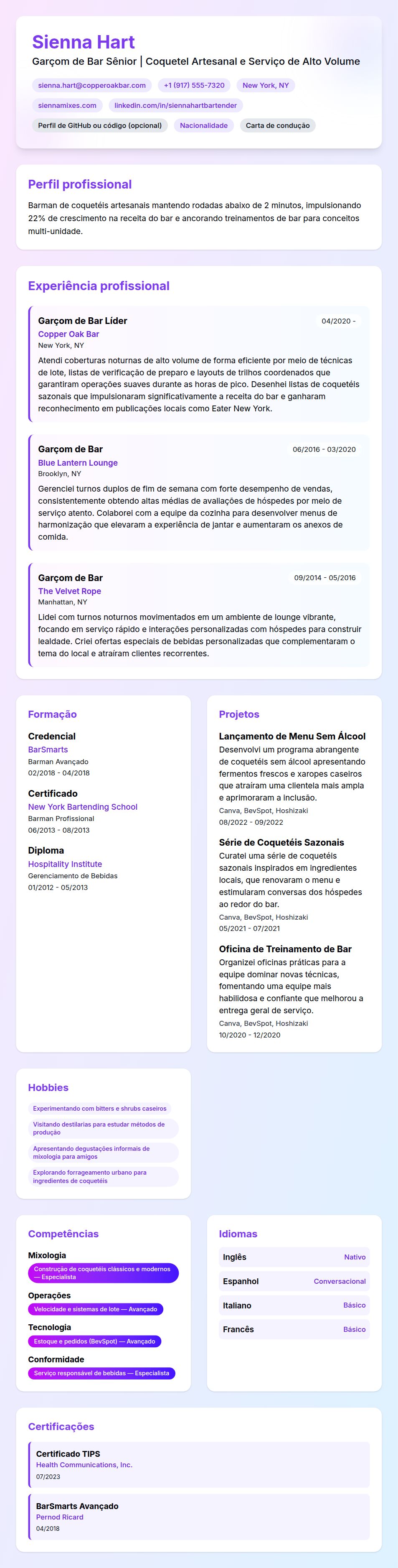 Pré-visualização do currículo Exemplo de Currículo de Garçom de Bar