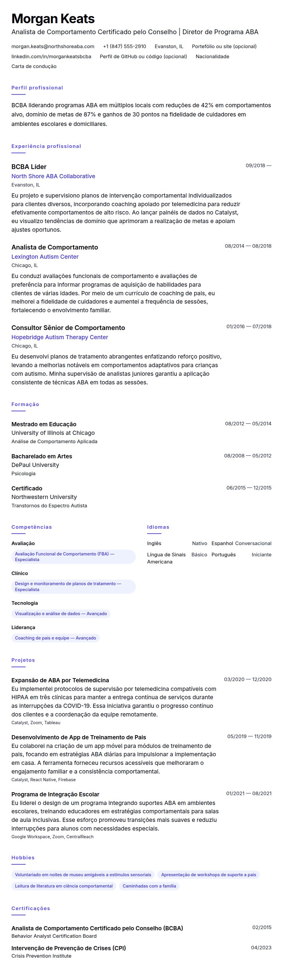 Pré-visualização do currículo Exemplo de Currículo de Analista de Comportamento Certificado pelo Conselho (BCBA)