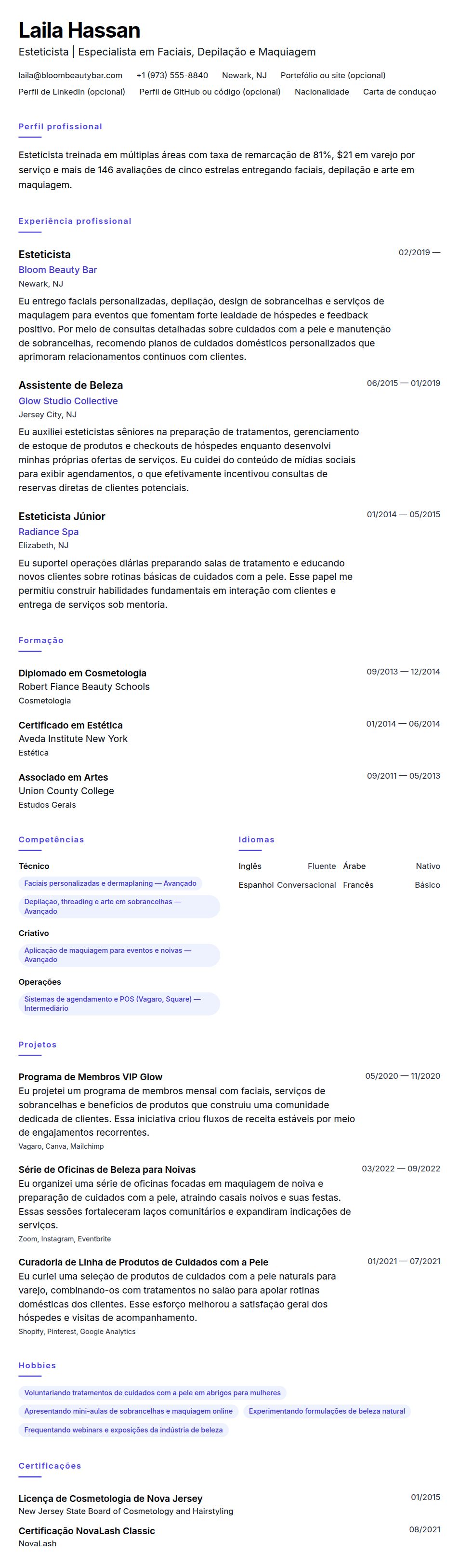 Exemplo de Currículo de Esteticista
