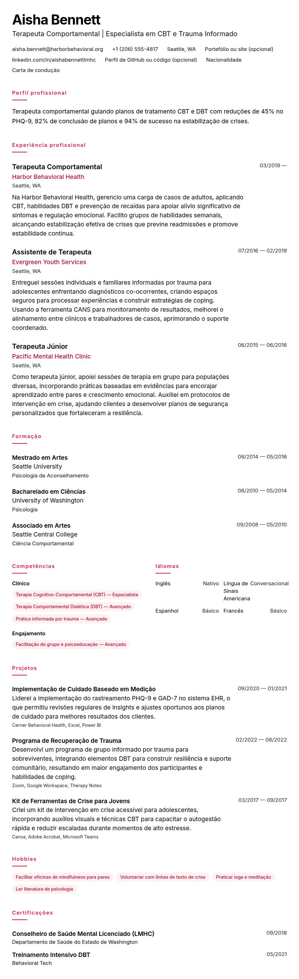 Pré-visualização do currículo Exemplo de Currículo de Terapeuta Comportamental