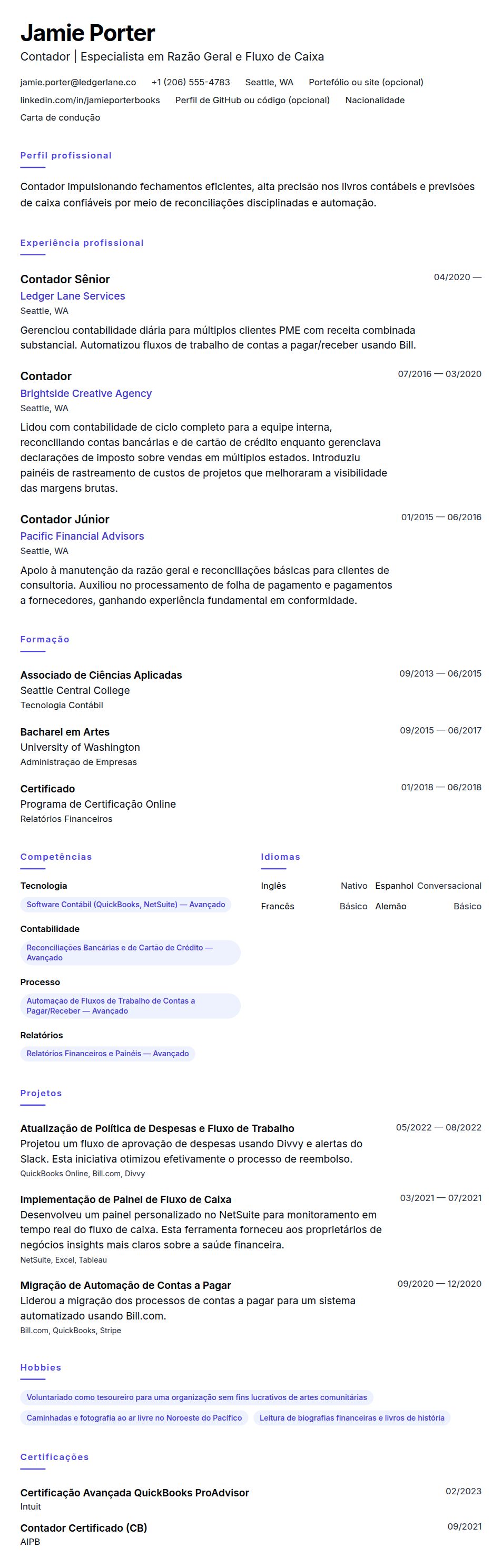 Pré-visualização do currículo Exemplo de Currículo para Contador