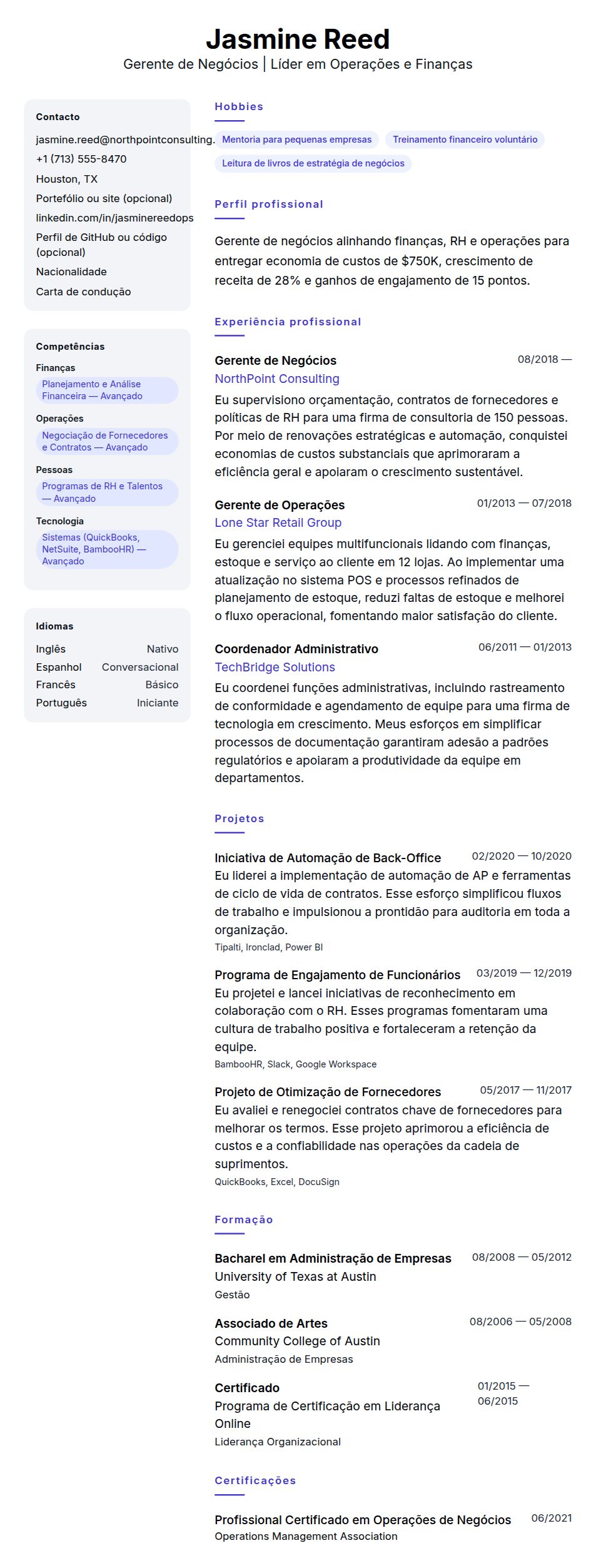 Pré-visualização do currículo Exemplo de Currículo de Gerente de Negócios