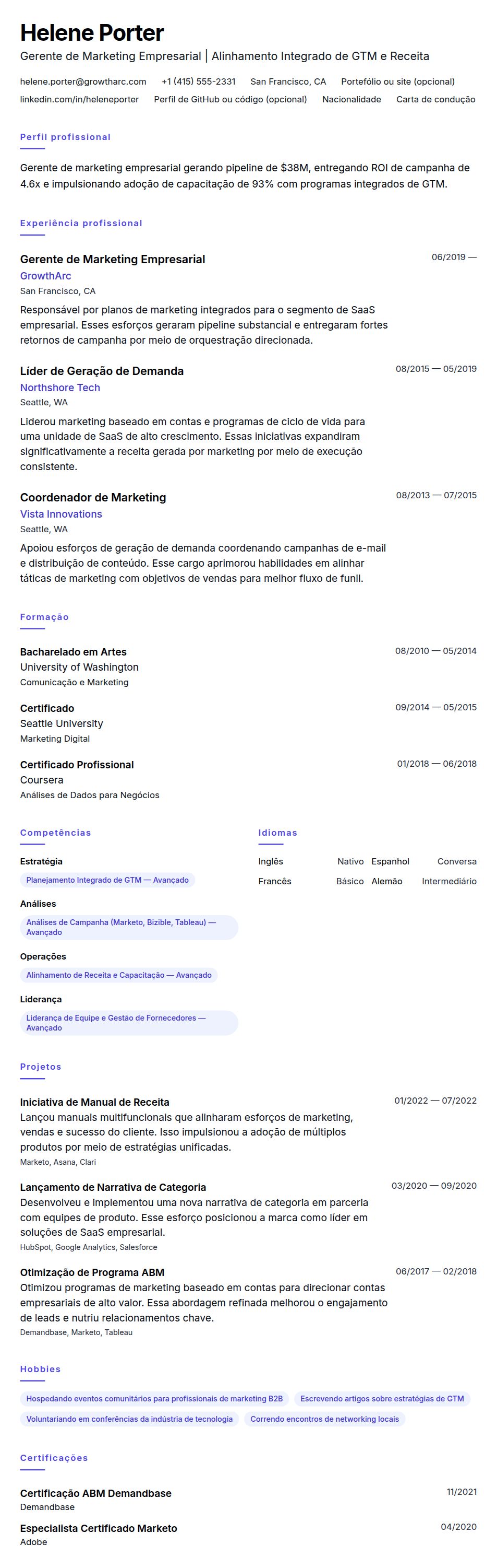 Pré-visualização do currículo Exemplo de Currículo para Gerente de Marketing Empresarial