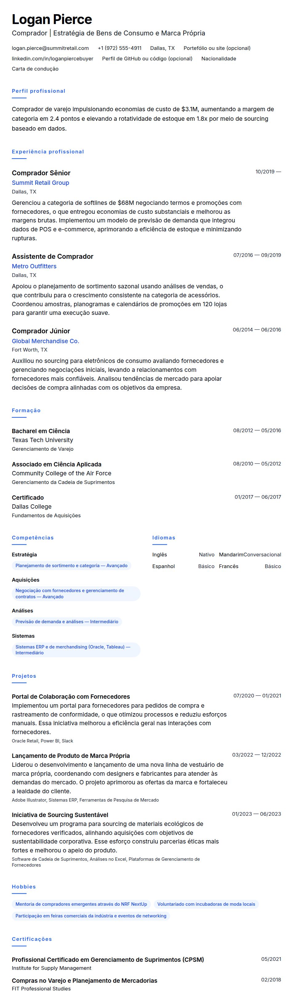 Pré-visualização do currículo Exemplo de Currículo para Comprador