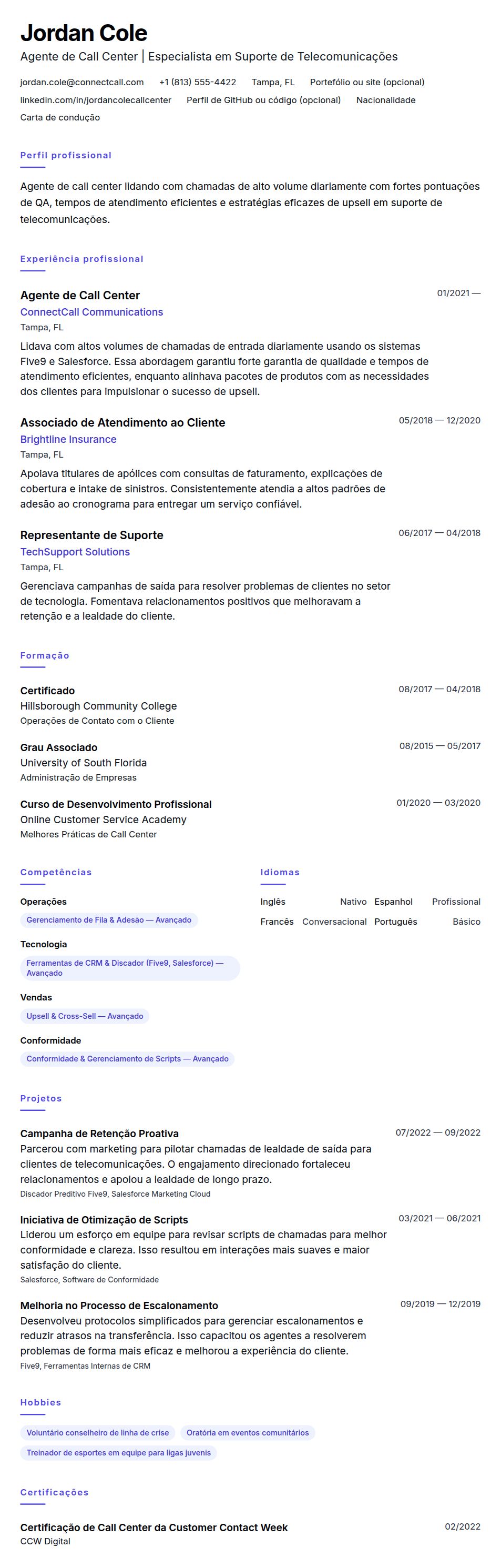 Pré-visualização do currículo Exemplo de Currículo para Agente de Call Center