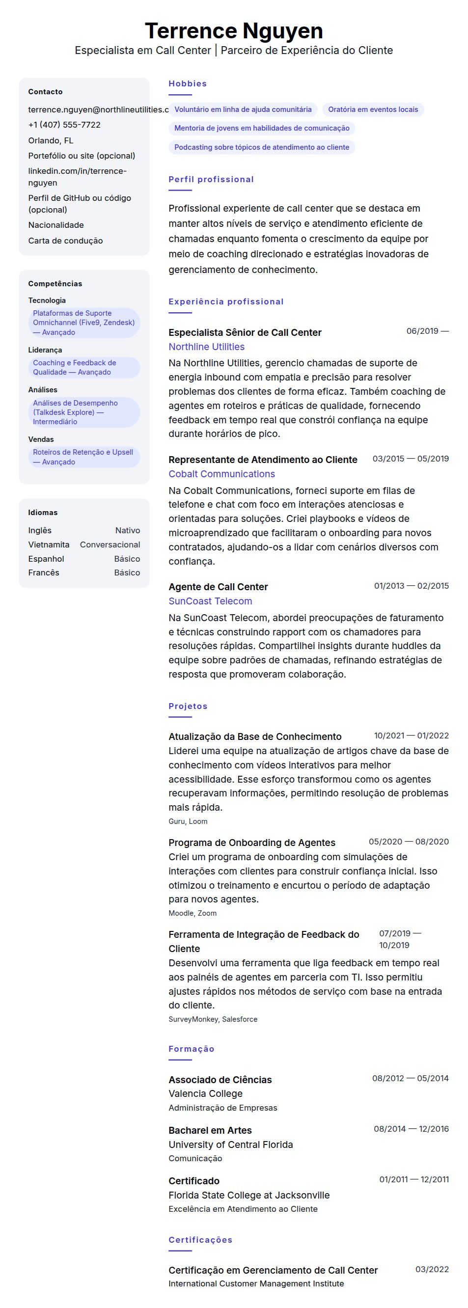 Exemplo de Currículo para Profissional de Call Center
