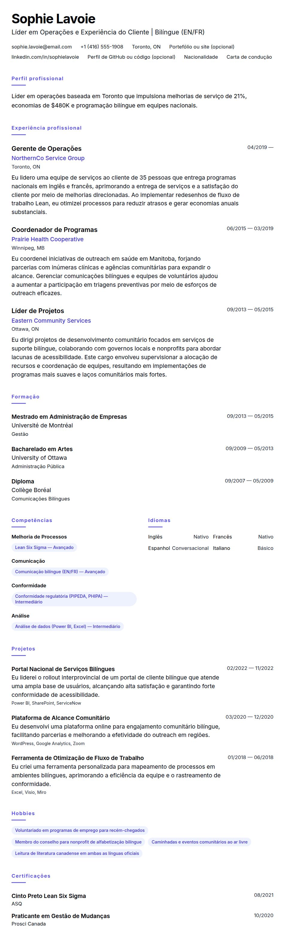 Pré-visualização do currículo Exemplo de Currículo no Formato Canadense