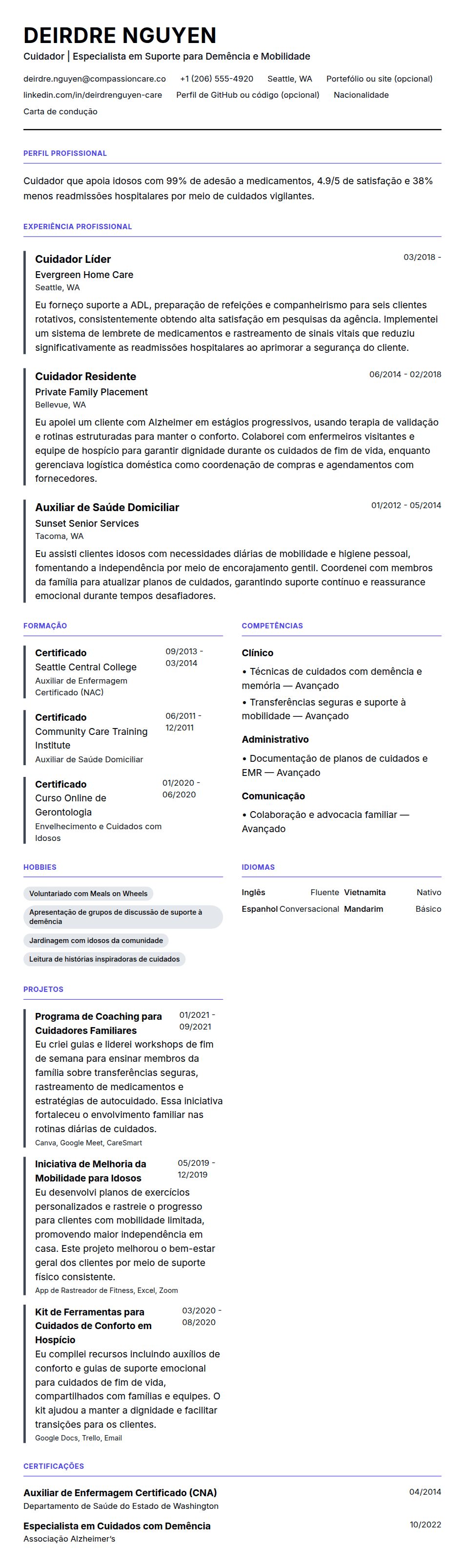 Pré-visualização do currículo Exemplo de Currículo para Cuidador