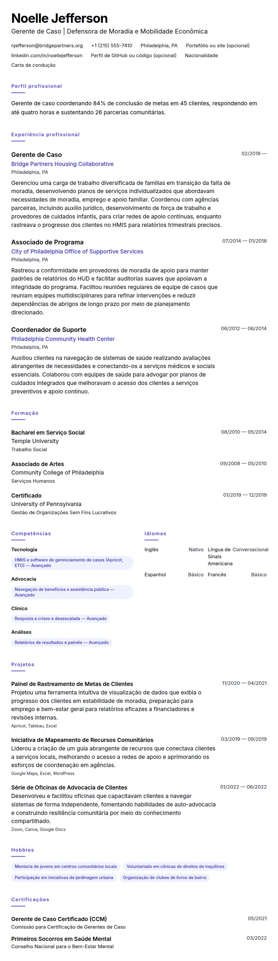 Pré-visualização do currículo Exemplo de Currículo de Gerente de Caso