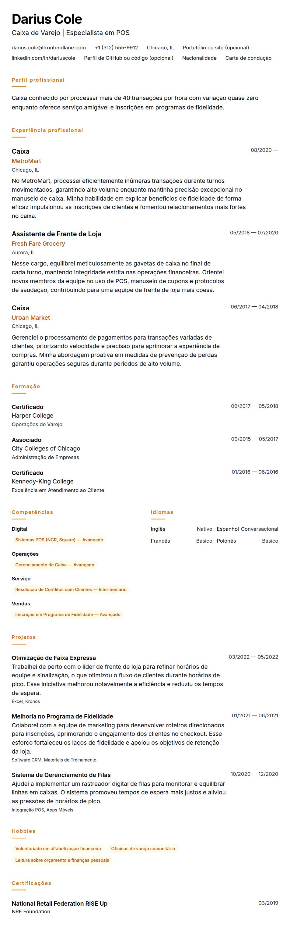 Pré-visualização do currículo Exemplo de Currículo para Caixa