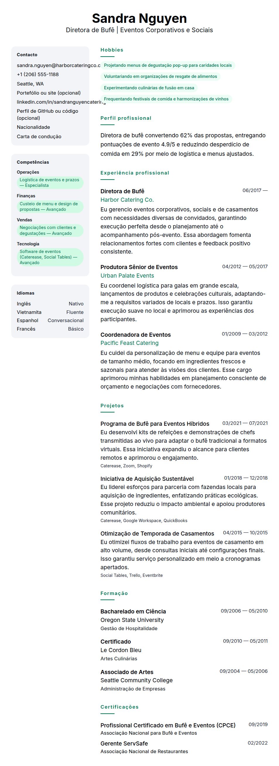 Pré-visualização do currículo Exemplo de Currículo para Bufê