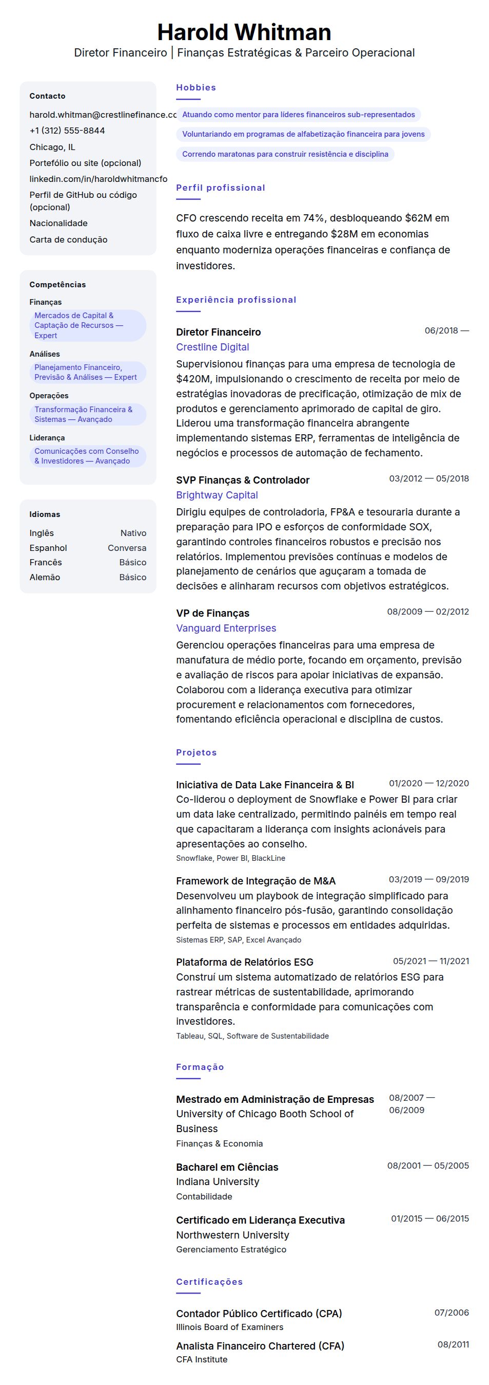 Pré-visualização do currículo Exemplo de Currículo de Diretor Financeiro