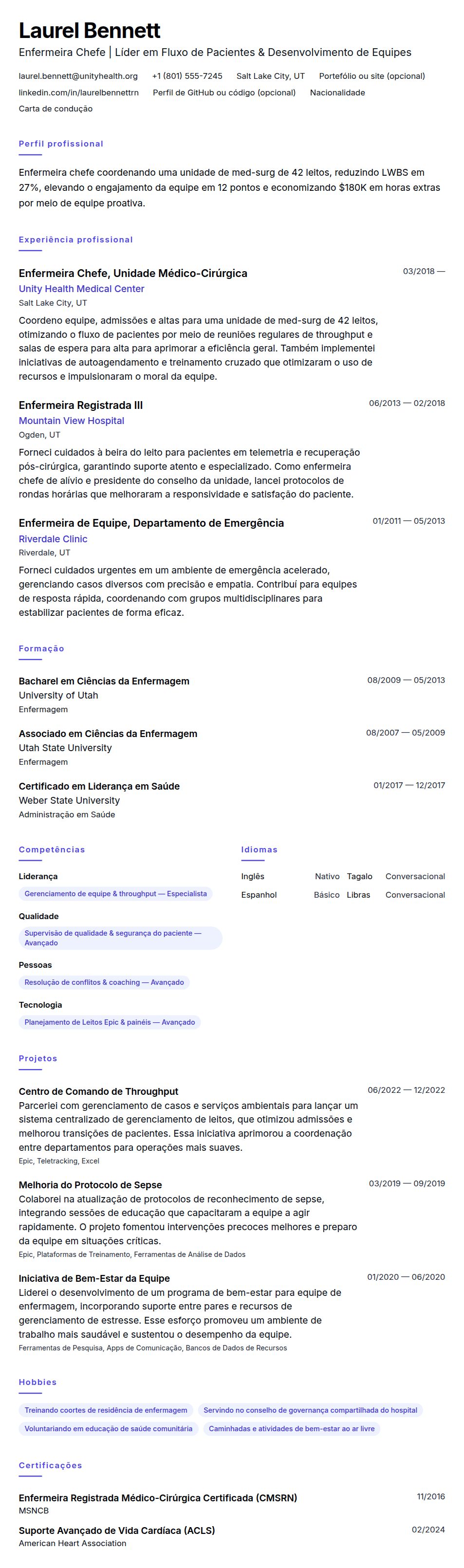 Pré-visualização do currículo Exemplo de Currículo de Enfermeira Chefe