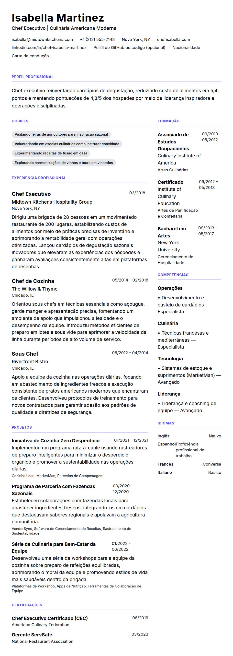 Pré-visualização do currículo Exemplo de Currículo de Chef