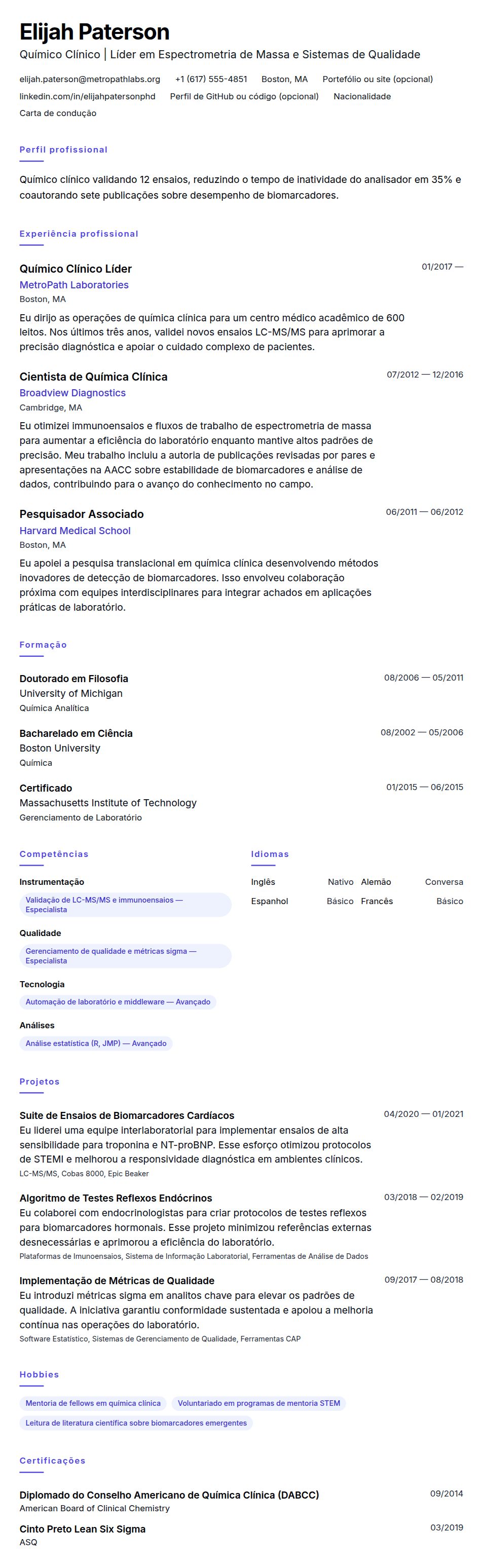 Pré-visualização do currículo Exemplo de Currículo de Químico Clínico