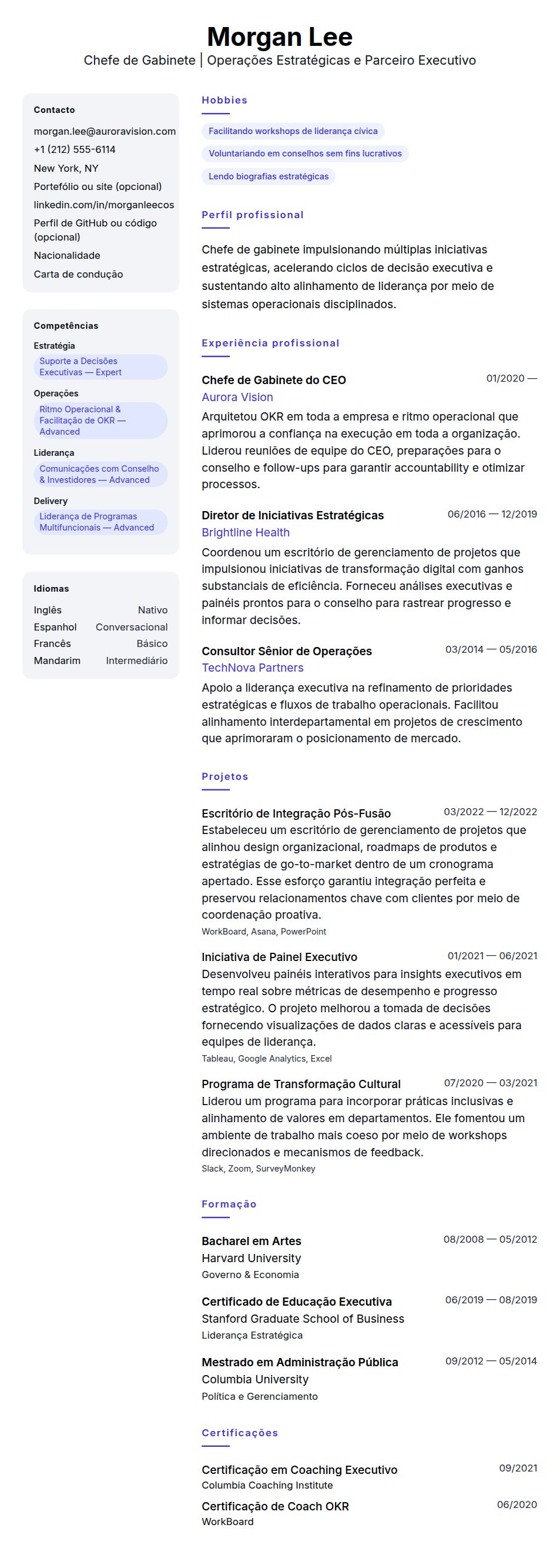 Pré-visualização do currículo Exemplo de Currículo de Chefe de Gabinete