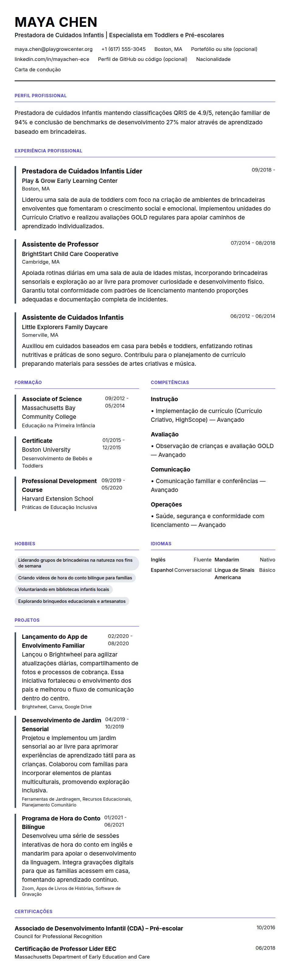 Exemplo de Currículo para Prestador de Cuidados Infantis