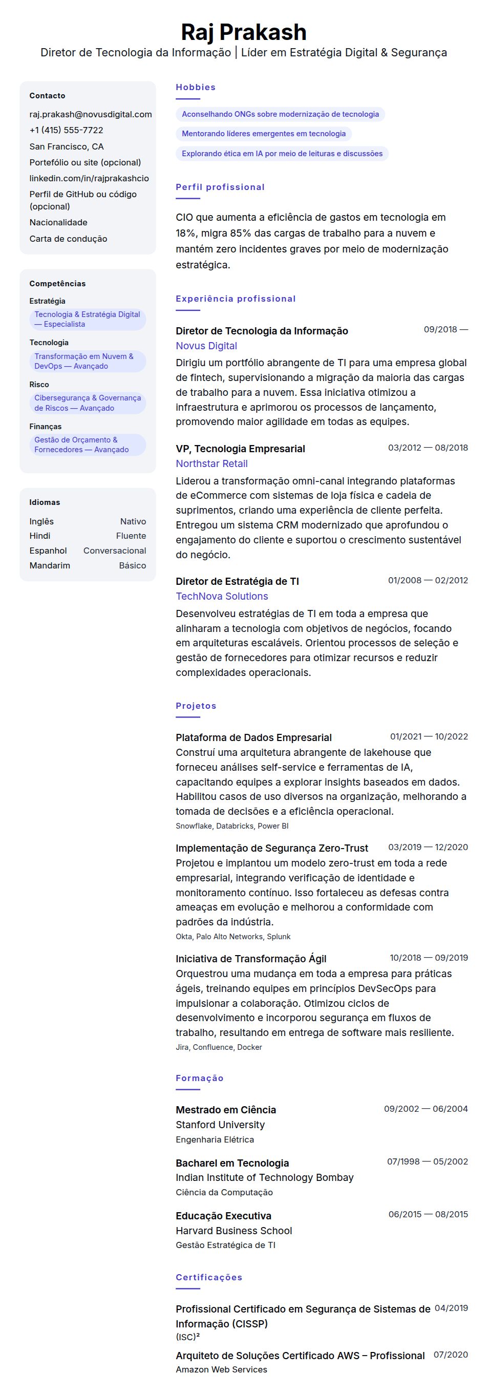 Pré-visualização do currículo Exemplo de Currículo para Diretor de Tecnologia da Informação