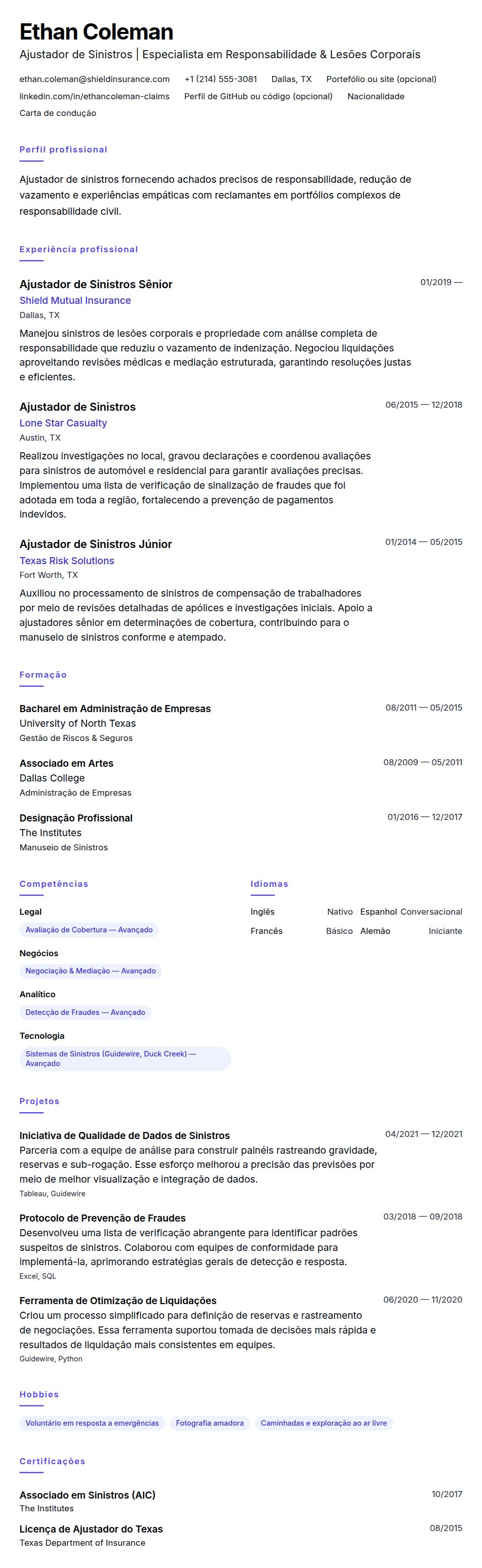 Pré-visualização do currículo Exemplo de Currículo de Ajustador de Sinistros