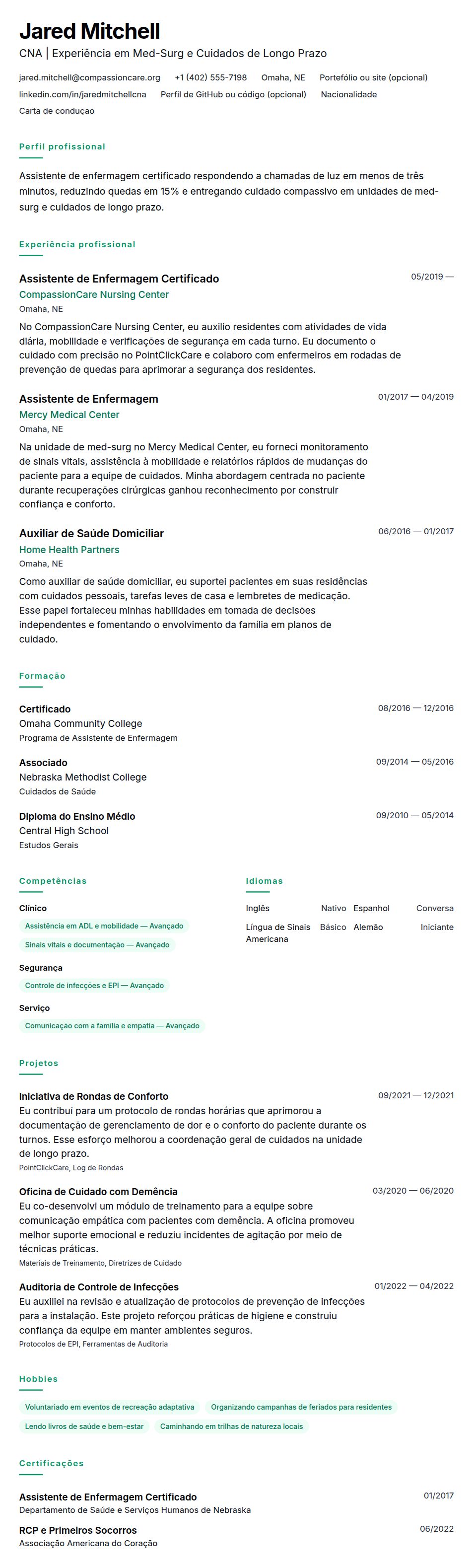 Pré-visualização do currículo Exemplo de Currículo de Assistente de Enfermagem Certificado (CNA)