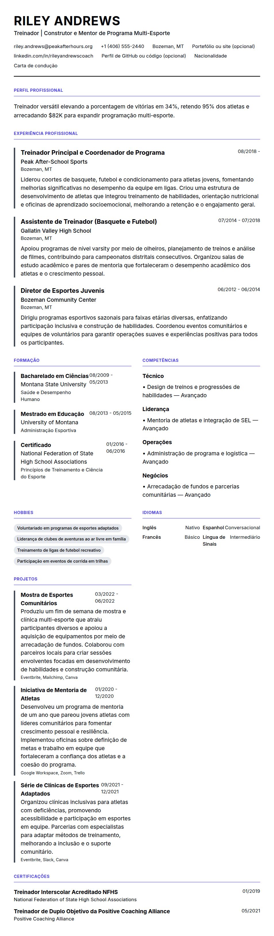 Exemplo de Currículo de Treinador