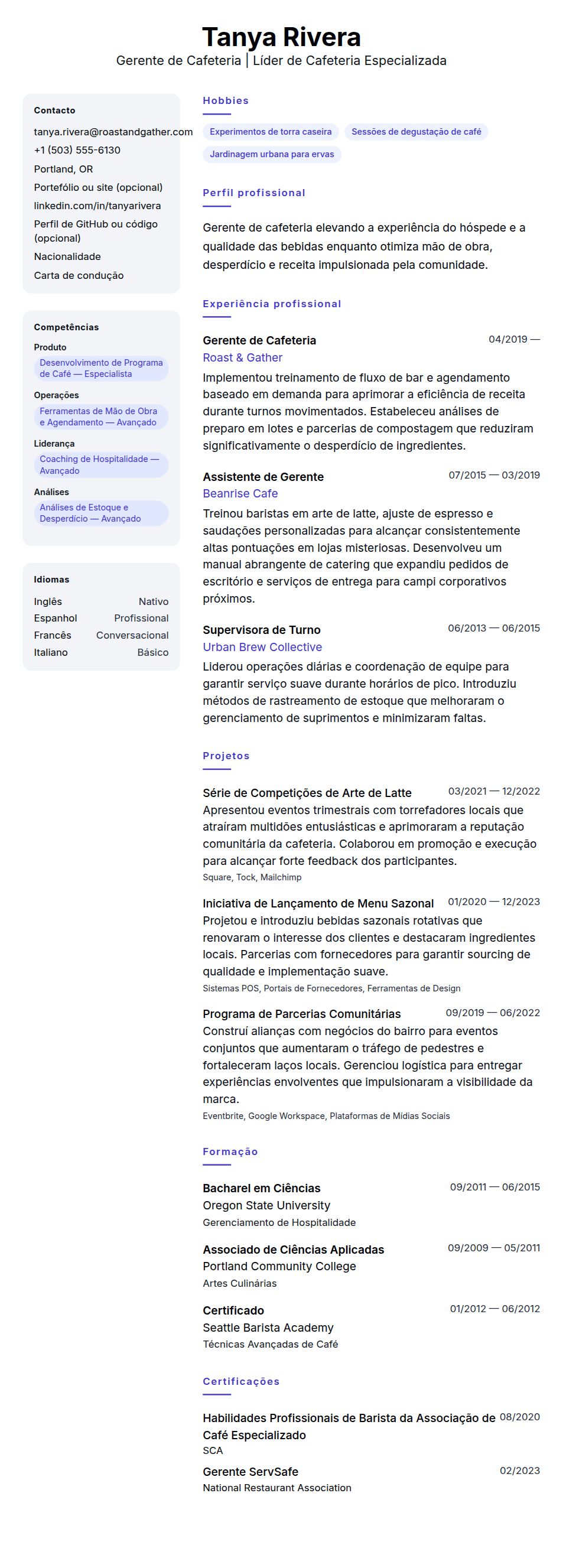 Pré-visualização do currículo Exemplo de Currículo de Gerente de Cafeteria