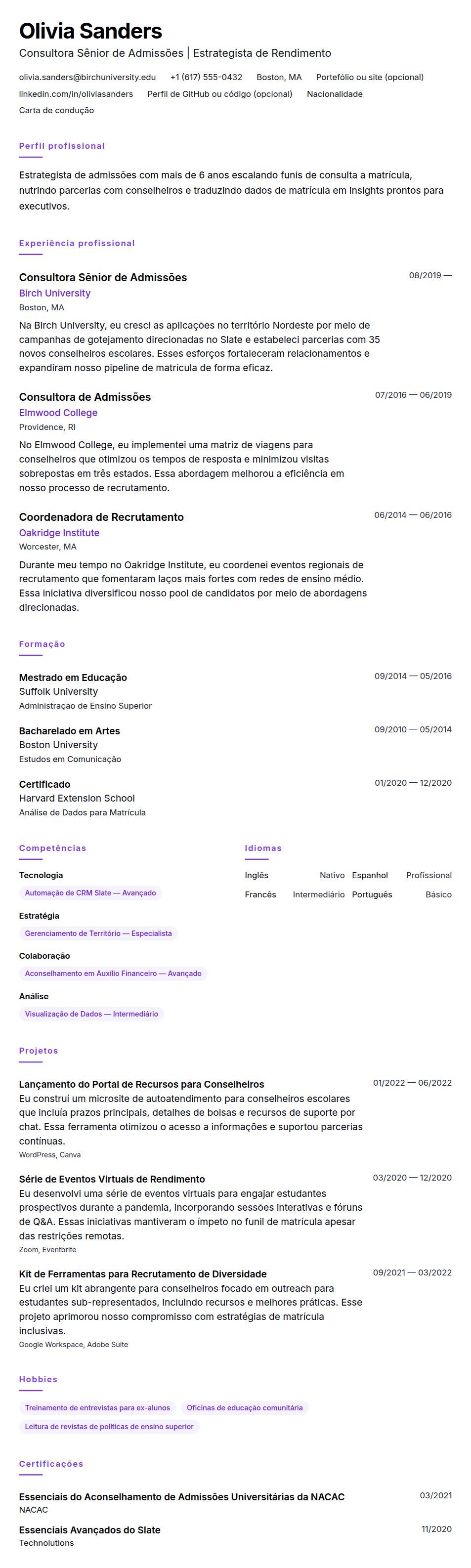 Pré-visualização do currículo Exemplo de Currículo para Consultor de Admissões Universitárias