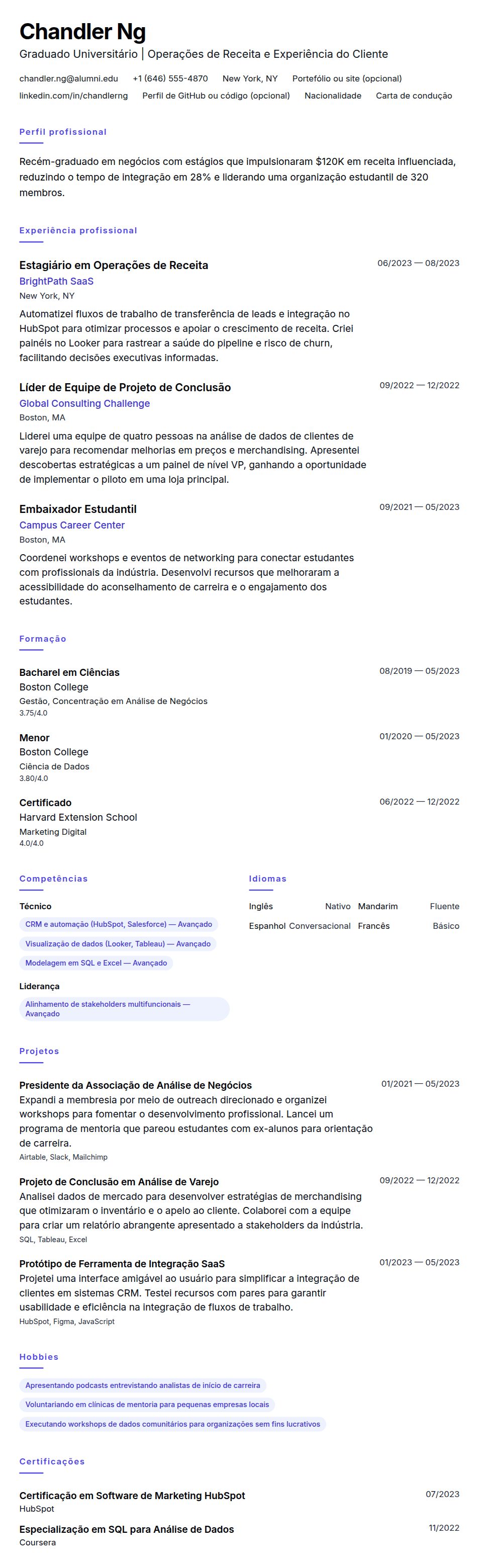 Exemplo de Currículo para Graduado Universitário