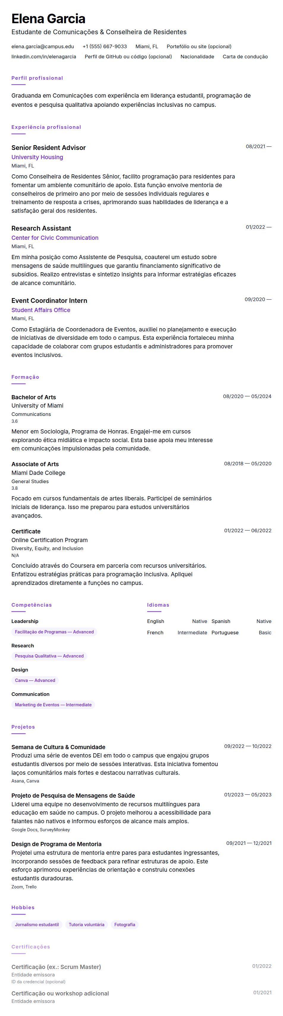 Pré-visualização do currículo Exemplo de Currículo para Estudante Universitário
