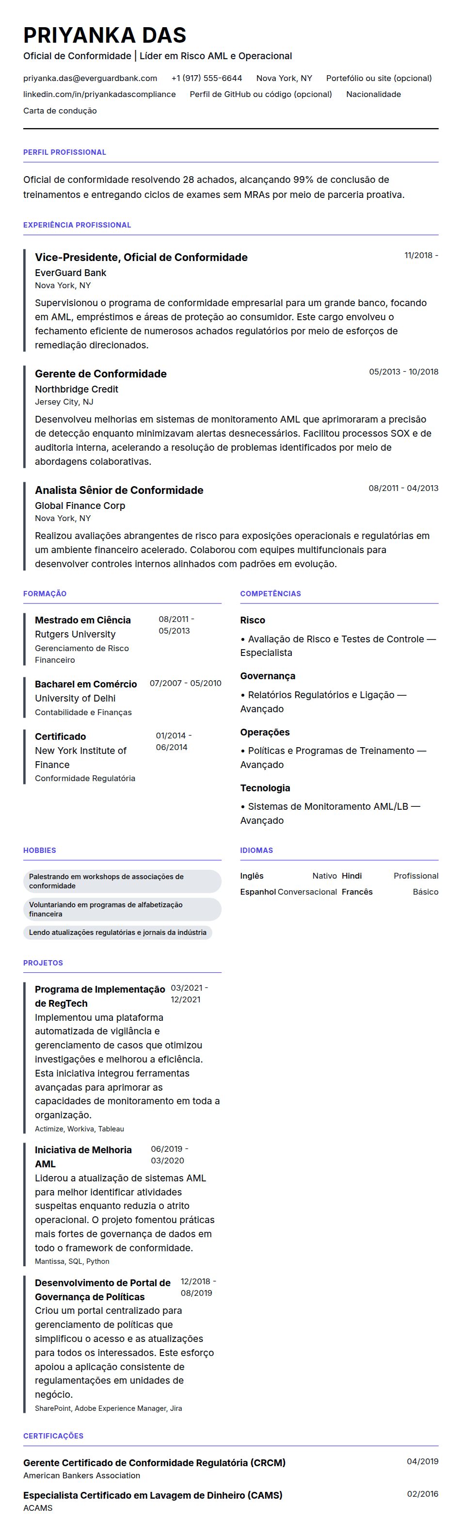 Pré-visualização do currículo Exemplo de Currículo de Oficial de Conformidade