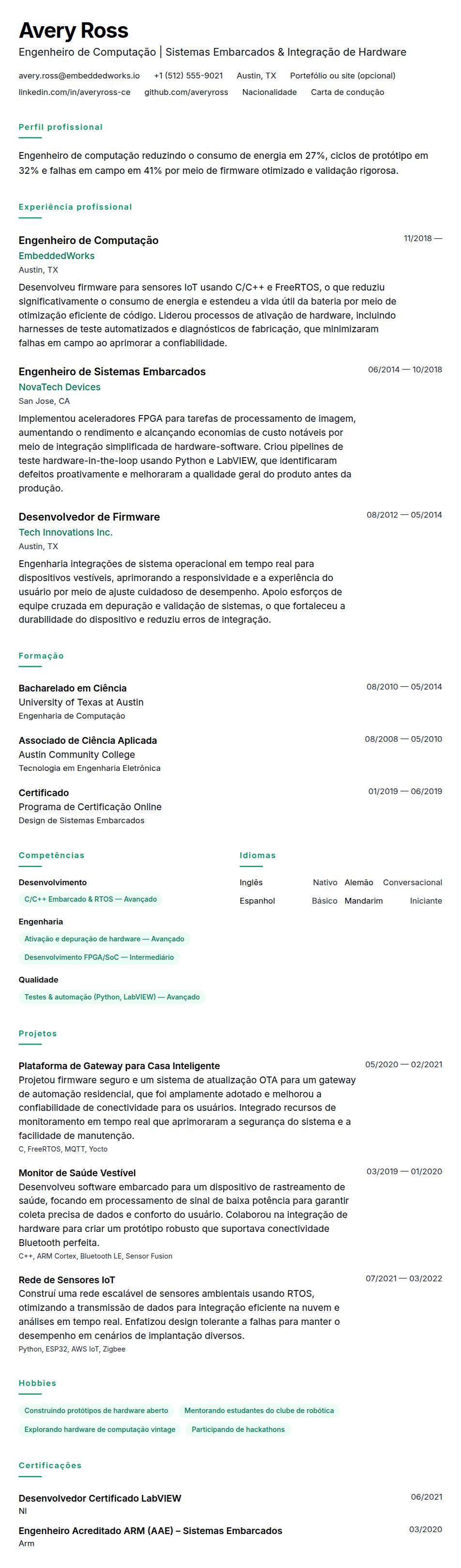 Exemplo de Currículo para Engenheiro de Computação