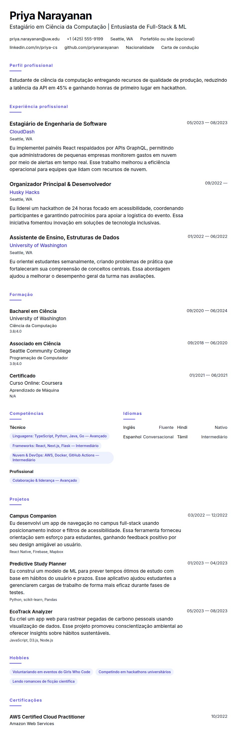 Pré-visualização do currículo Exemplo de Currículo para Estágio em Ciência da Computação