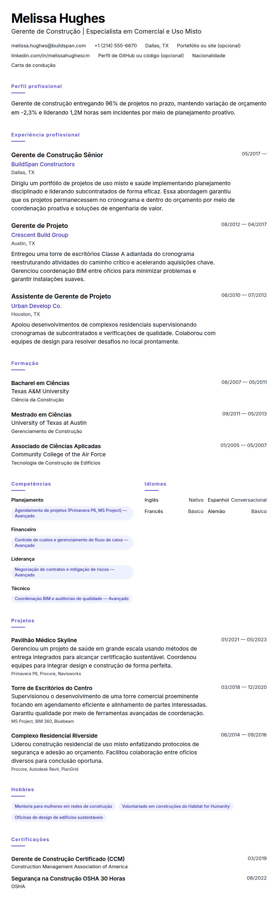 Exemplo de Currículo de Gerente de Construção