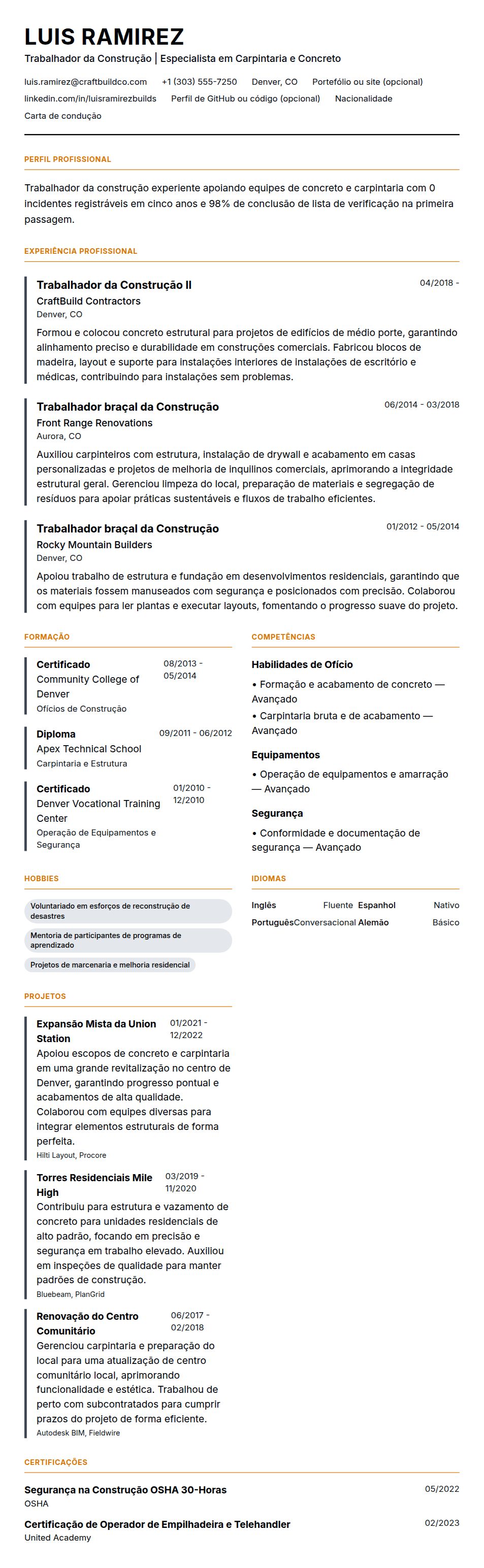 Exemplo de Currículo para Trabalhador da Construção