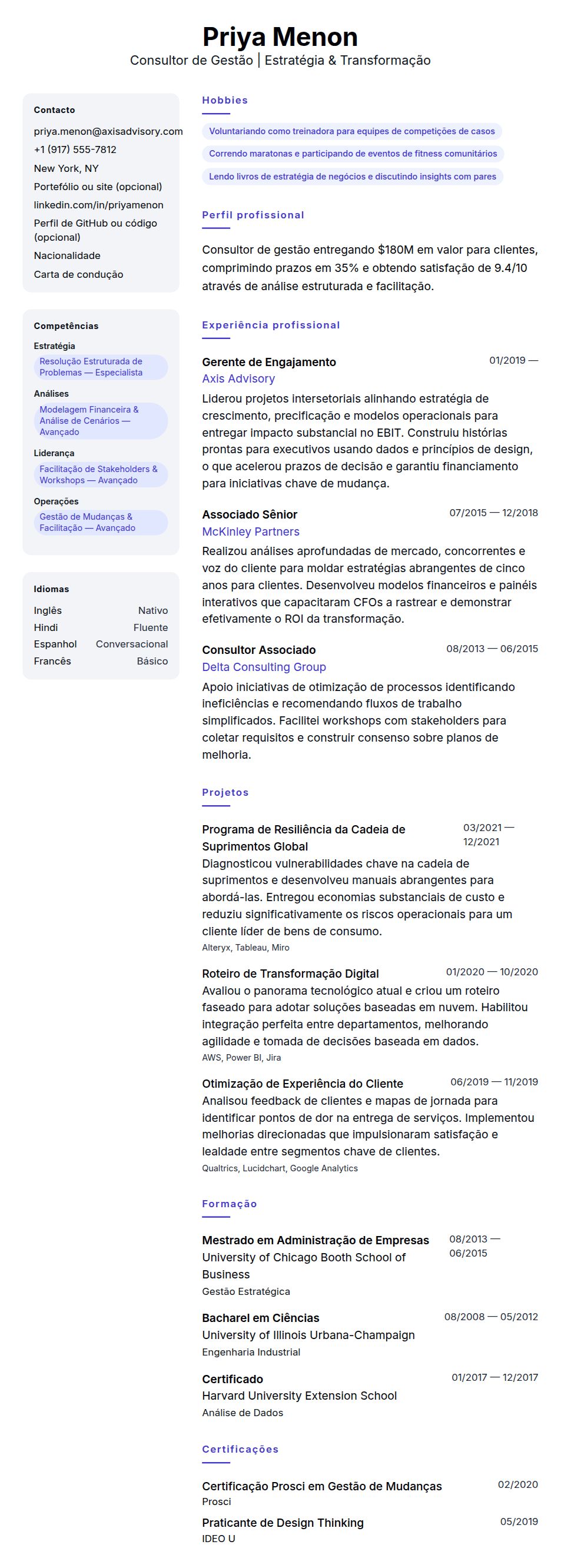Pré-visualização do currículo Exemplo de Currículo para Consultor de Gestão