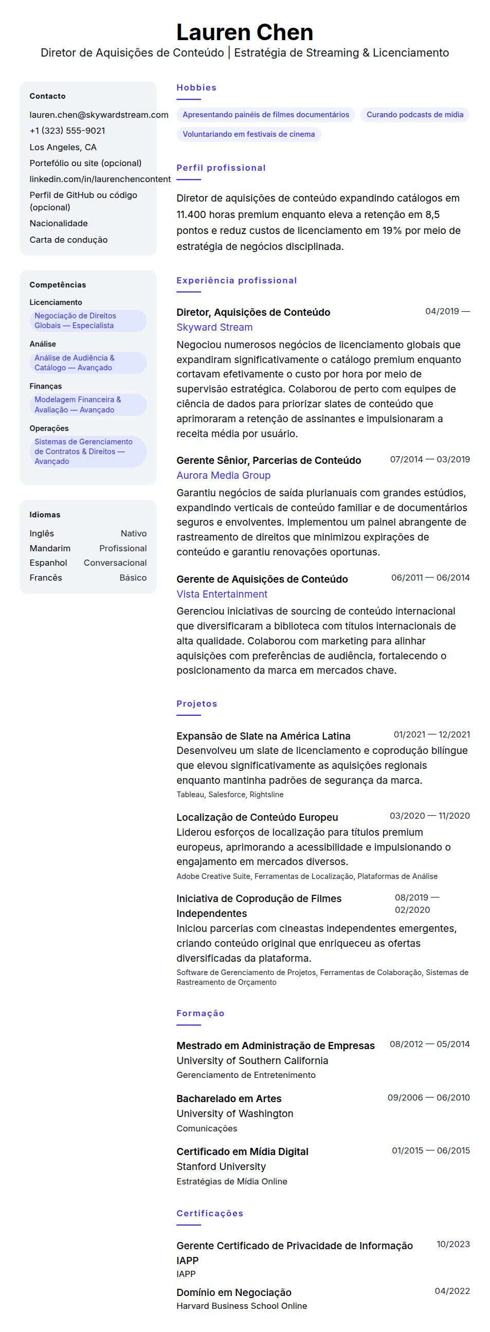 Pré-visualização do currículo Exemplo de Currículo para Diretor de Aquisições de Conteúdo