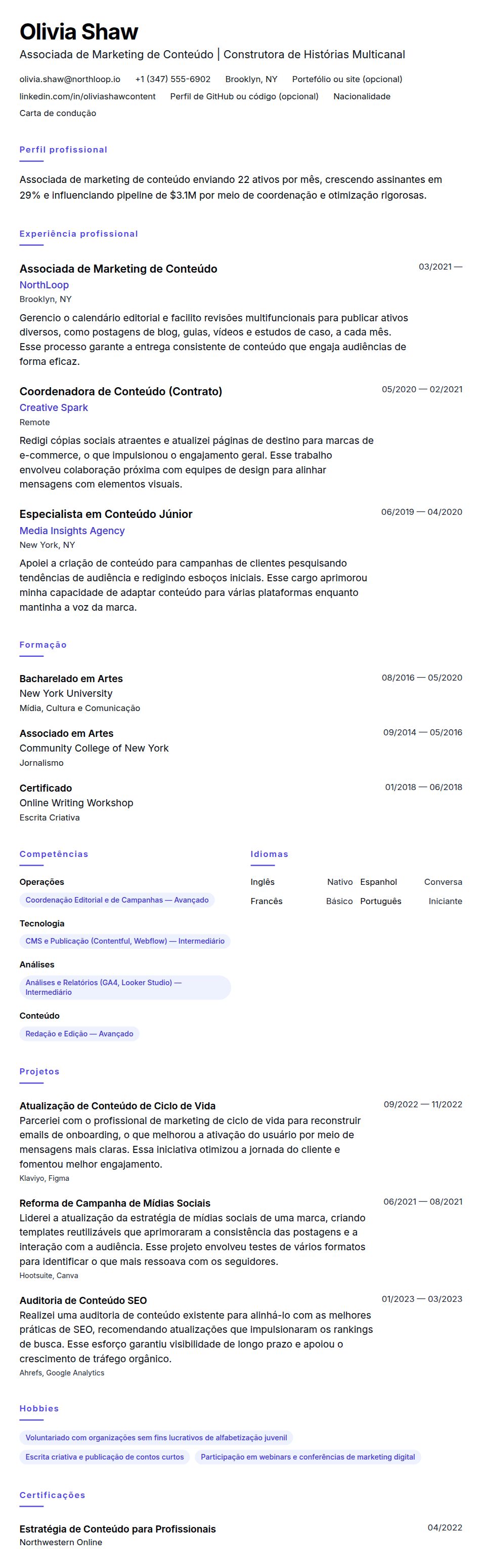 Exemplo de Currículo para Associado de Marketing de Conteúdo