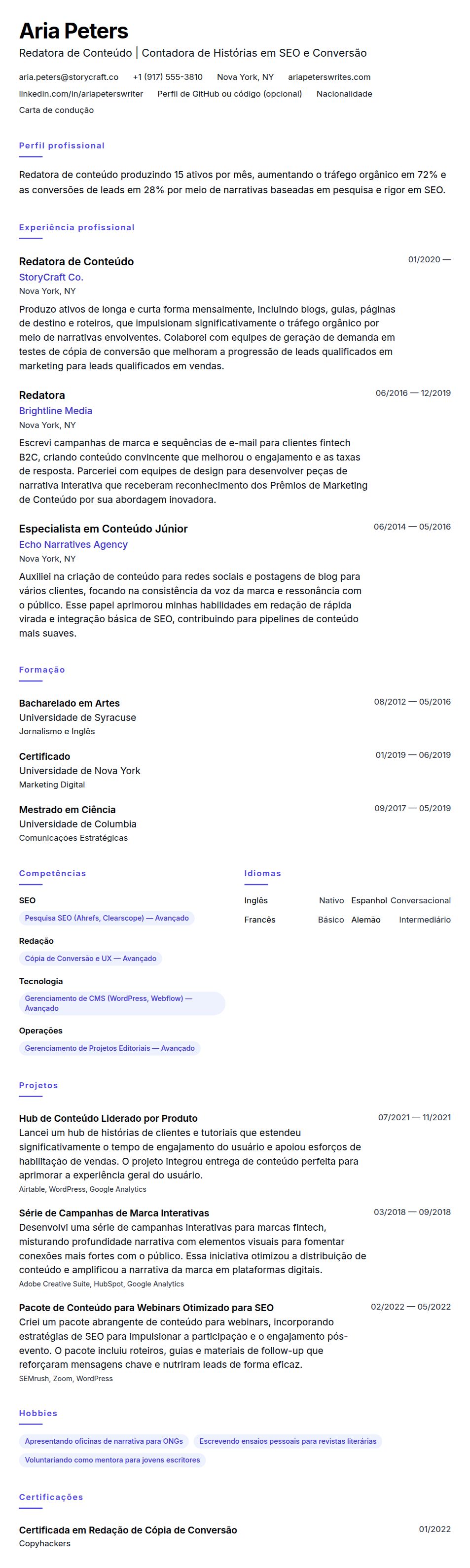 Pré-visualização do currículo Exemplo de Currículo para Redator de Conteúdo