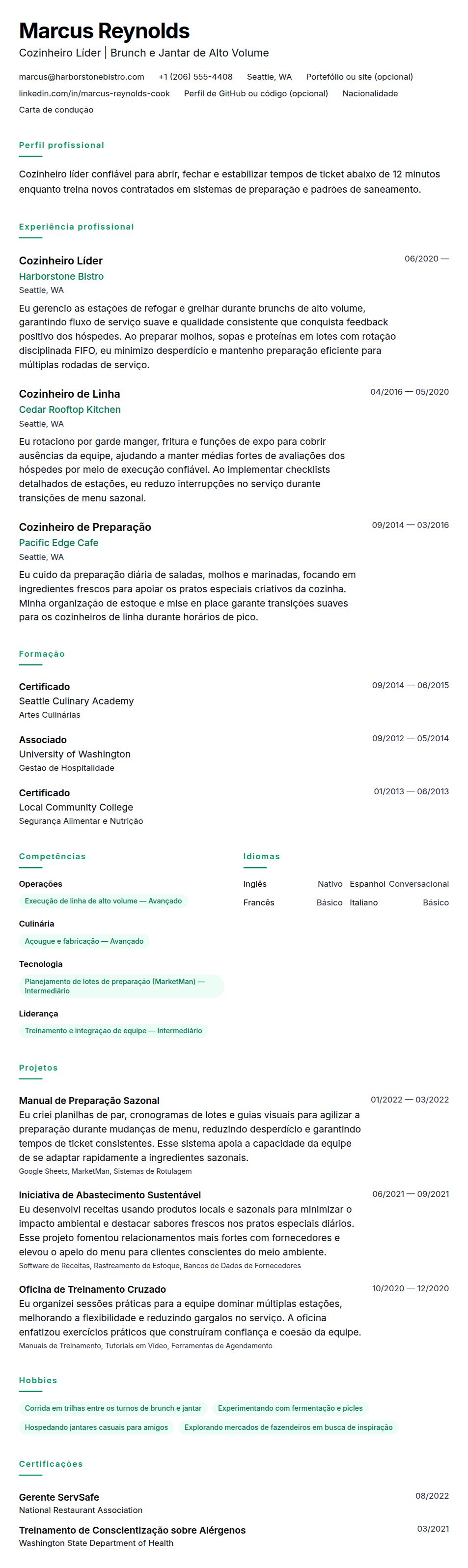 Pré-visualização do currículo Exemplo de Currículo de Cozinheiro