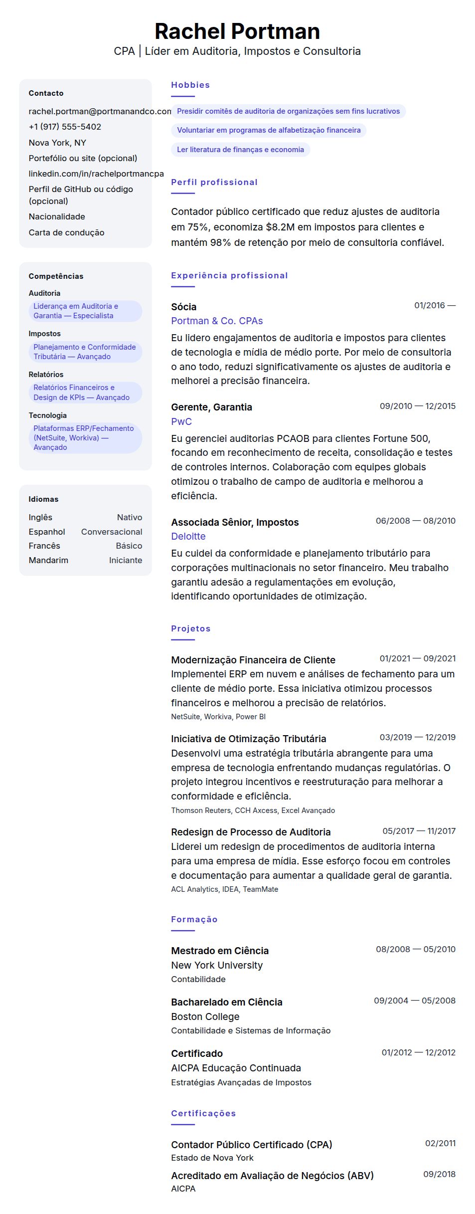 Pré-visualização do currículo Exemplo de Currículo de Contador Público Certificado