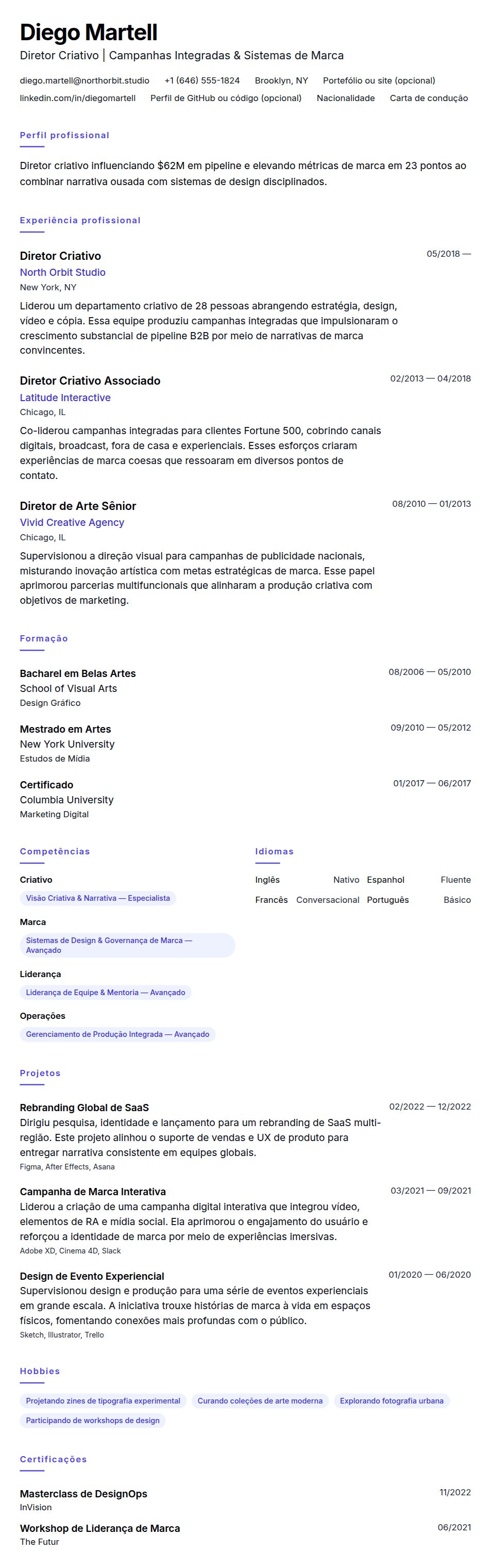 Pré-visualização do currículo Exemplo de Currículo de Diretor Criativo