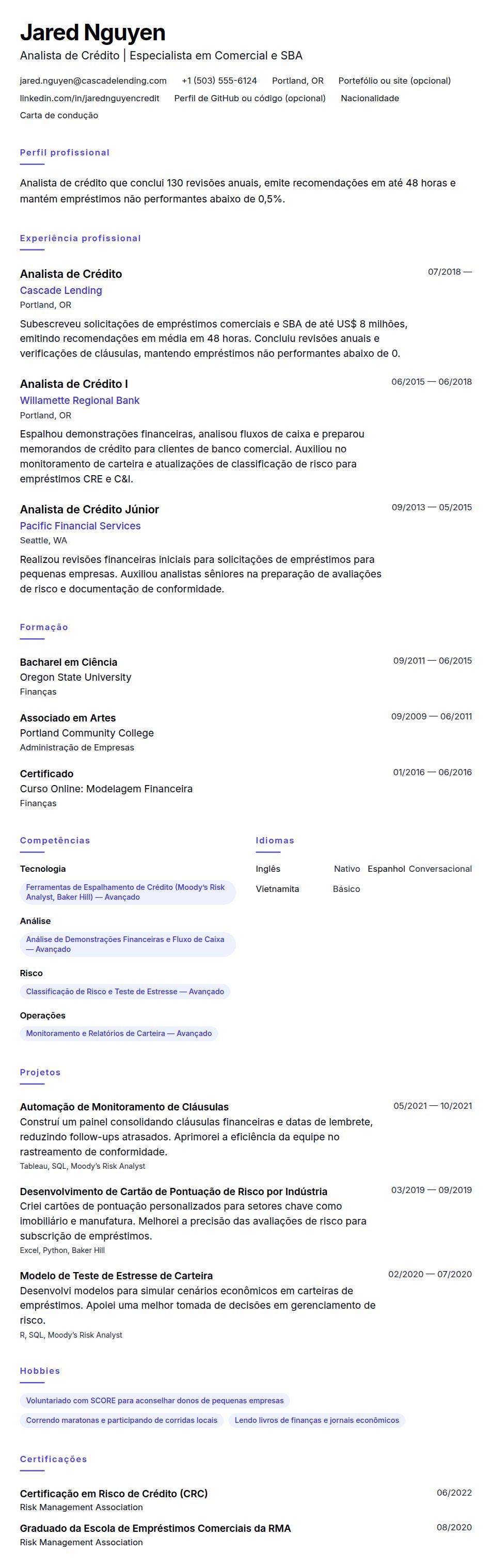 Pré-visualização do currículo Exemplo de Currículo de Analista de Crédito